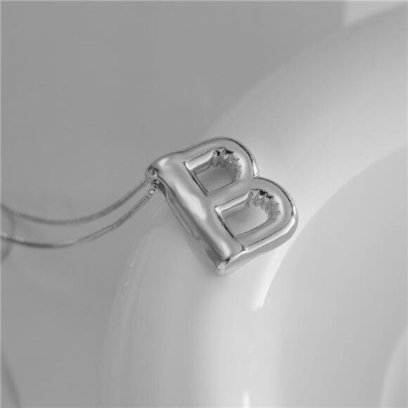 Silver Initial Pendant Necklace – Personalized Letter “B” Trendy Stuffed Bubble - Picture 2 of 6